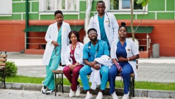 Group of african medical students posed outdoor.